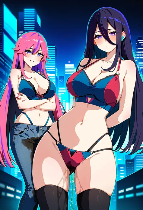 (masterpiece:1.37), best quality, (extremely detailed:1.37), woman, (mature:1.5), (adult:1.5), large breasts, very long hair, (straight hair:1.5), dark purple hair, purple eyes, (extremely detailed eyes:1.37), crop top, cleavage, navel, (mound of venus:1.5...