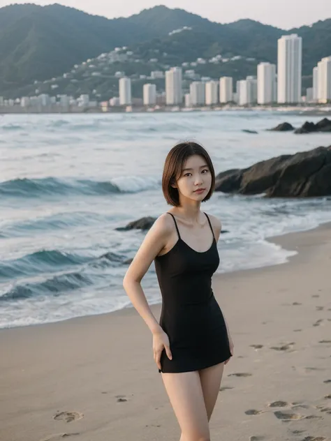 her name is Asako, high quality, 1girl, ((20-year-old fit Caucasian woman)), ((20 years old)), ((slim)), ((Korean Short Bob)), pose: standing, wearing Contemporary Generation-Z modern wear different colored, BACKGROUND:"At Copacabana Beach, with the moonli...