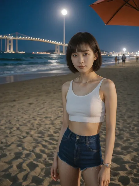 her name is Asako, high quality, 1girl, ((20-year-old fit Caucasian woman)), ((20 years old)), ((slim)), ((Korean Short Bob)), pose: standing, wearing Contemporary Generation-Z modern wear different colored, BACKGROUND:"At Copacabana Beach, with the moonli...