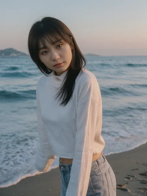 her name is Asako, high quality, 1girl, ((20-year-old fit Caucasian woman)), ((20 years old)), ((slim)), ((Korean Short Bob)), pose: standing, wearing Contemporary Generation-Z modern wear different colored, BACKGROUND:"At Copacabana Beach, with the moonli...