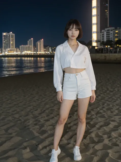 her name is Asako, high quality, 1girl, ((20-year-old fit Caucasian woman)), ((20 years old)), ((slim)), ((Korean Short Bob)), pose: standing, wearing Contemporary Generation-Z modern wear different colored, BACKGROUND:"At Copacabana Beach, with the moonli...