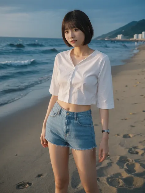 her name is Asako, high quality, 1girl, ((20-year-old fit Caucasian woman)), ((20 years old)), ((slim)), ((Korean Short Bob)), pose: standing, wearing Contemporary Generation-Z modern wear different colored, BACKGROUND:"At Copacabana Beach, with the moonli...