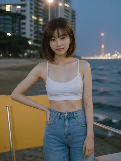 her name is Asako, high quality, 1girl, ((20-year-old fit Caucasian woman)), ((20 years old)), ((slim)), ((Korean Short Bob)), pose: standing, wearing Contemporary Generation-Z modern wear different colored, BACKGROUND:"At Copacabana Beach, with the moonli...