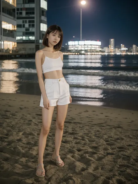 her name is Asako, high quality, 1girl, ((20-year-old fit Caucasian woman)), ((20 years old)), ((slim)), ((Korean Short Bob)), pose: standing, wearing Contemporary Generation-Z modern wear different colored, BACKGROUND:"At Copacabana Beach, with the moonli...