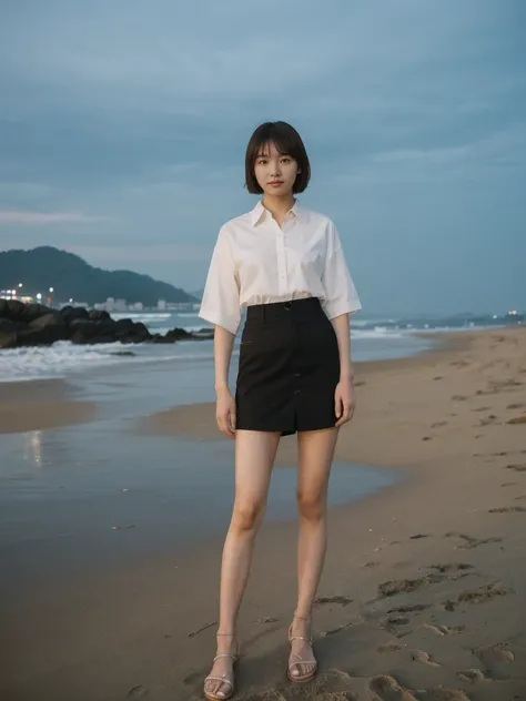 her name is Asako, high quality, 1girl, ((20-year-old fit Caucasian woman)), ((20 years old)), ((slim)), ((Korean Short Bob)), pose: standing, wearing Contemporary Generation-Z modern wear different colored, BACKGROUND:"At Copacabana Beach, with the moonli...