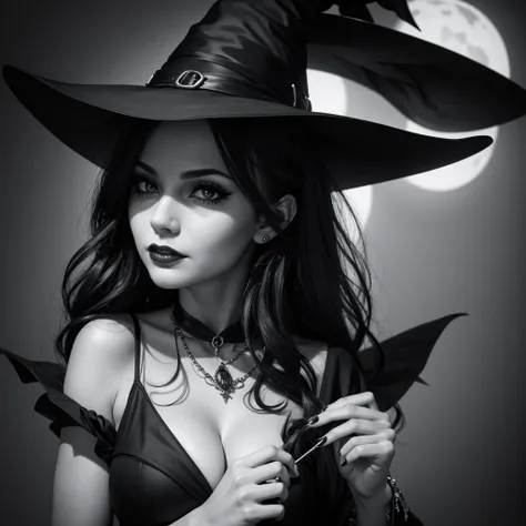 give a 4k black and white closeup of a scarry and sexy witch