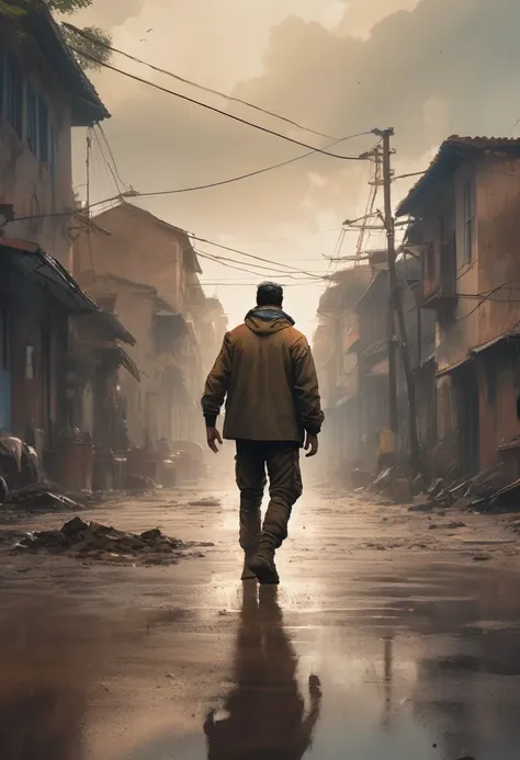 a man looking at the end of a straight road, mans hands up triumphantly, rain, old town, feet buried in mud on the road, a police car with sirens on behind him, masterpiece, best quality, (highly detailed CG unity 8k wallpaper), (best quality), (best illus...