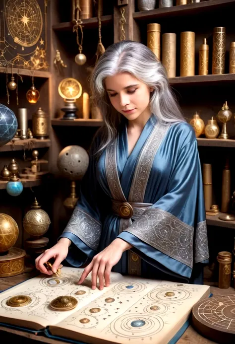 A cute young woman (gray haired) (mystical robes with intricate star designs) is in her workshop with many star observation tools and a huge tome of astrological signs before her