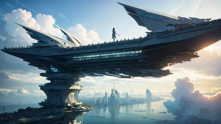 (Best quality,4K,8K,A high resolution,Masterpiece:1.2),Ultra-detailed,(Realistic,Photorealistic,photo-realistic:1.37),Futuristic floating city,Futuristic technology,Huge urban high-tech tablet platform,Airship,Floating in the sky,Futuristic city,Small airs...