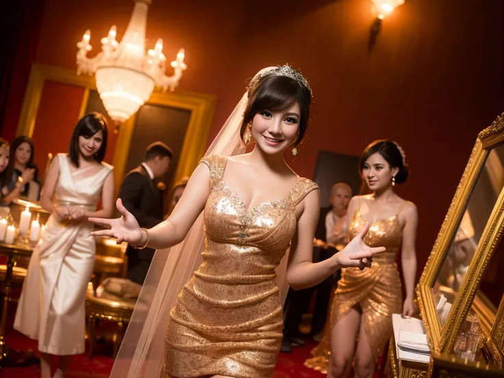 A beautiful Indonesian woman, 2 Indonesian women in transparent mini dresses, 2 Indonesian women, wearing lingerie transparent , smiling, facing the viewer, high heels, bangs hairstyle, red nail polish, earrings, standing at the wedding event, (best qualit...