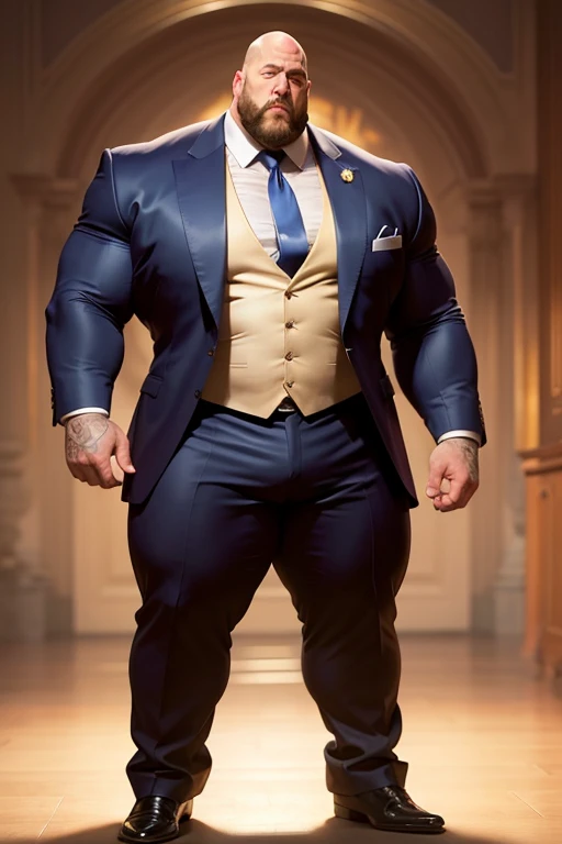 The Big show as a bodybuilder with enormous muscles, wide huge pectorals, wearing formal clothes, hairy chest, full body, abnormal, oversizing crotch bulging crotch
