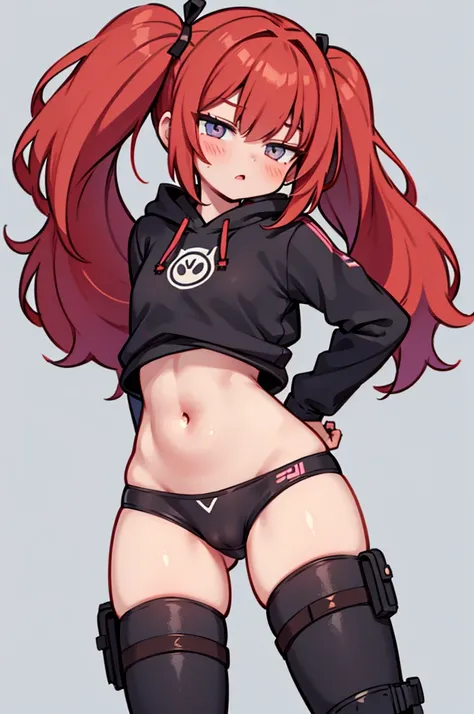 A cute and skinny young adult girl with big leather boots, very very tight bike shorts and a croptop hoodie. (ultra detailed) (ultra realism) Hands on butt, posing, sexy girl, cute girl, twintails, long hair, red haired, lewd, naughty eyes, visible crotch,...