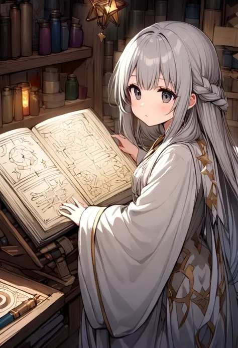 A cute young woman (gray haired) (mystical robes with intricate star designs) is in her workshop with many star observation tools and a huge tome of astrological signs before her
