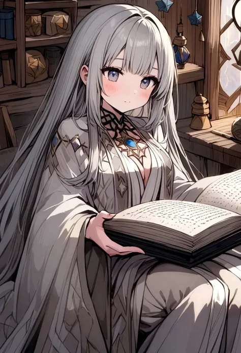 A cute young woman (gray haired) (mystical robes with intricate star designs) is in her workshop with many star observation tools and a huge tome of astrological signs before her
