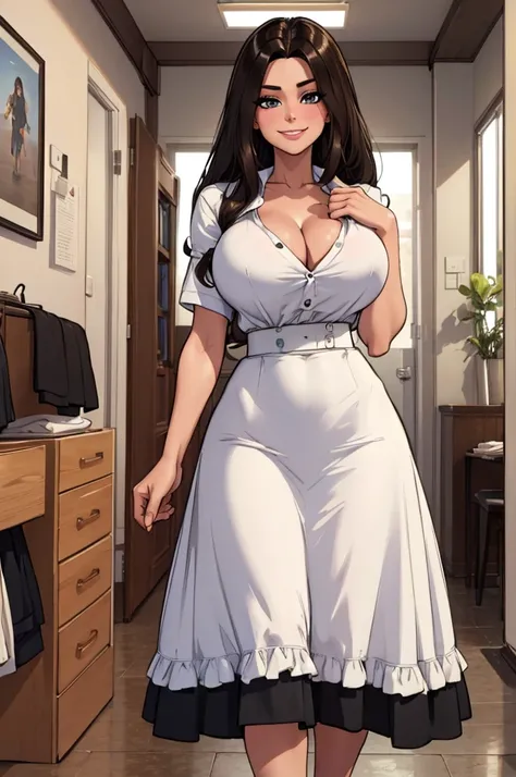 
(masterpiece, best quality:1.2), 8k, woman, solo, tailor, long hair, brunette, looking at viewer, smile, shy, big tits, cleavage, white shirt, black skirt, measuring tape in her hand