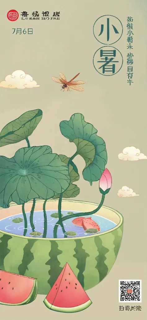 There is a poster，There is a watermelon and a dragonfly inside, A beautiful artistic illustration, Lotus Pond, Mei Qing, author：Toth Wu, author：Li Song, by Sheng Maoye, author：Golden Farmer, author：Xia Gui, Yu Zhiding, Tranquility illustration, author：Yi Y...