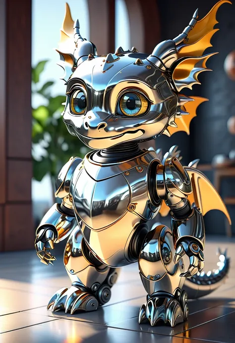 cute robot dragon, liquid metal, [ 3D rendering, 3d style, hyper detailed, octane render, Unreal engine 5, RTX shader, hyper detailed texture with reflection, HDR, ultra realistic, raytracing], by James McDonald and Joarc Architects, home, interior, octane...