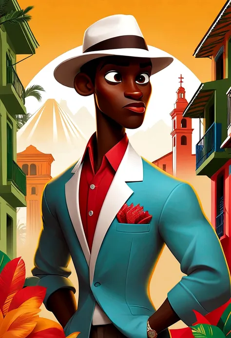 Create a poster image for a retro-themed poster. The art of sketches, pen doodles should have a textured background with pastel colors and a drawing of a black man in a white suit and stylish red tie with a panama hat.  Add retro graphic elements from imag...