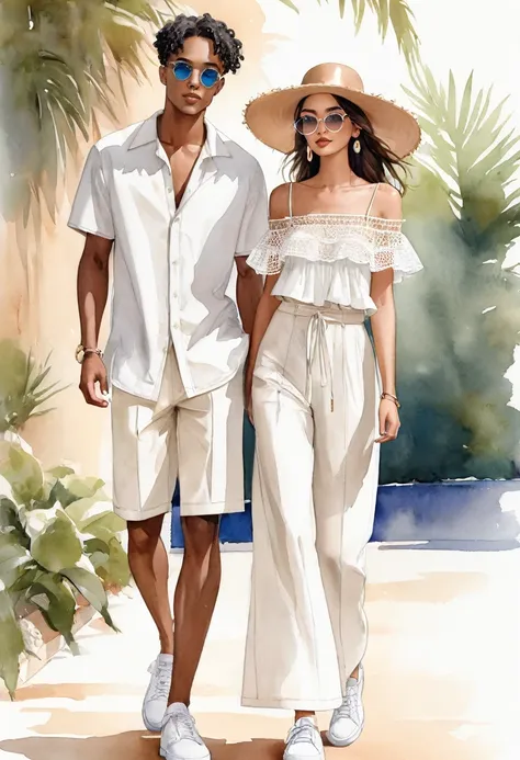 candid fashion illustration of young mixed race man and woman, both aged 25 year old, ((showcase fashion look book in pale earth...