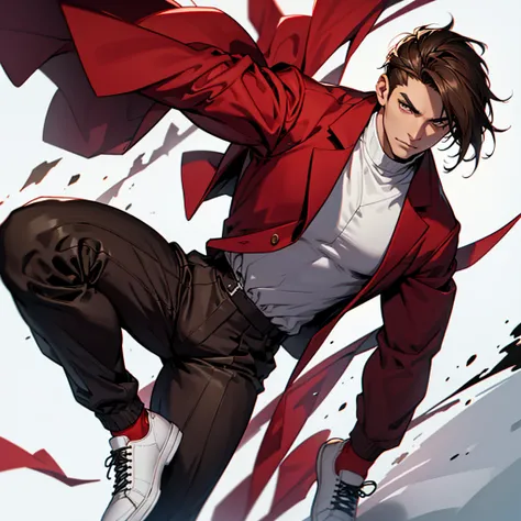 Create a comic slender brown male character with almost straight and pointy hair with brown eyes wearing a red outfit and black pants and a white jacket with white shoes 