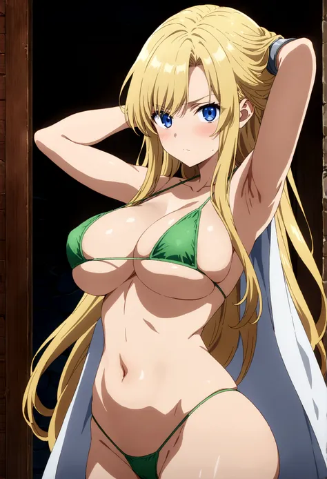 score_9, score_8_up, score_7_up,,BREAK source_anime, from side,front view,standing,straight-on,medium shot,looking_at_viewer,1girl, celes chere, final fantasy.blonde hair, blue eyes, (ultra micro bikini,green bikini),large breasts,cleavage, white cape, vam...