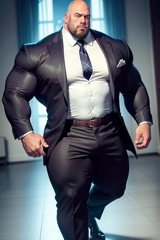 The Big show as a bodybuilder with enormous muscles, wide huge pectorals, wearing formal clothes, hairy chest, full body, abnormal, oversizing crotch bulging crotch, bara style, bara men
