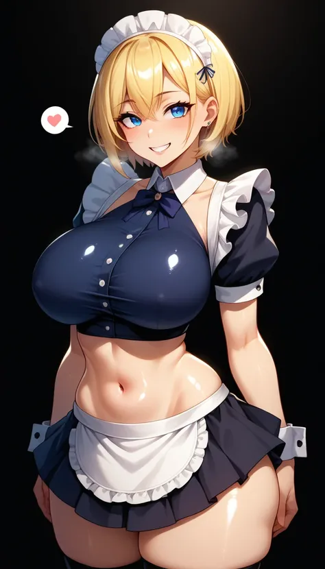 score_9, score_8_up, score_7_up, score_6_up, black background,
BREAK
source_anime, ExpressiveH,souce_explicit,
BREAK
1girl, gyaru, blue eyes, blonde hair, short hair, huge breasts, smile, spoken heart, 
maid, maid puffy sleeves, cropped top, navel, maid cu...