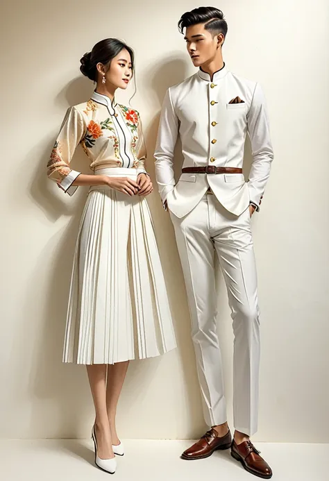 candid fashion illustration of two young man and women, 20 year old, adorned in a crafted North Thai traditional outfits, Lampang, ((showcase fashion in cotton handwoven all in white)), simple elegant style, The man wears a simple long-sleeved white mandar...