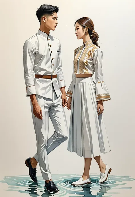 candid fashion illustration of two young man and women, 20 year old, adorned in a crafted north thai traditional outfits, lampan...