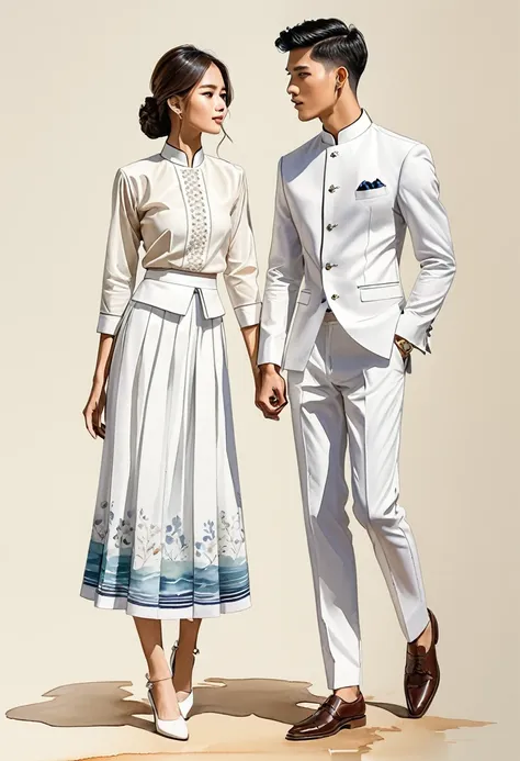 candid fashion illustration of two young man and women, 20 year old, adorned in a crafted North Thai traditional outfits, Lampang, ((showcase fashion in cotton handwoven all in white)), simple elegant style, The man wears a simple long-sleeved white mandar...