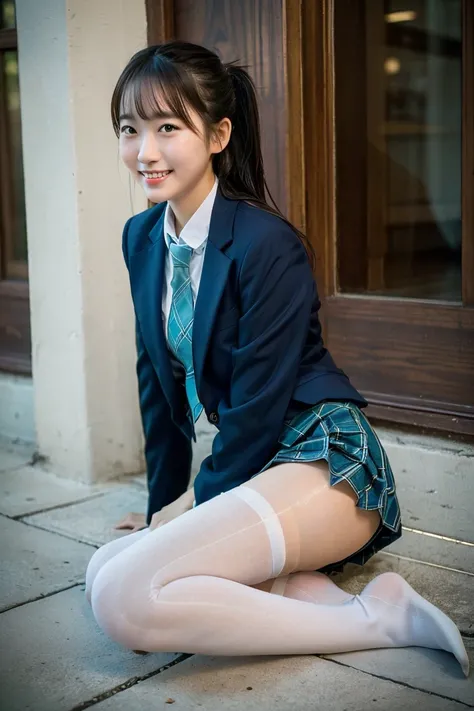 (8K), (highest quality: 1.2), (realistic), (realistic: 1.37), ultra high resolution, (1 girl、17 years old), cute, smile, closed mouth, beautiful details, beautiful nose, wet hair, giant dulcefo, pork, thighs，Self snap,High school Student Uniform,(A simple ...