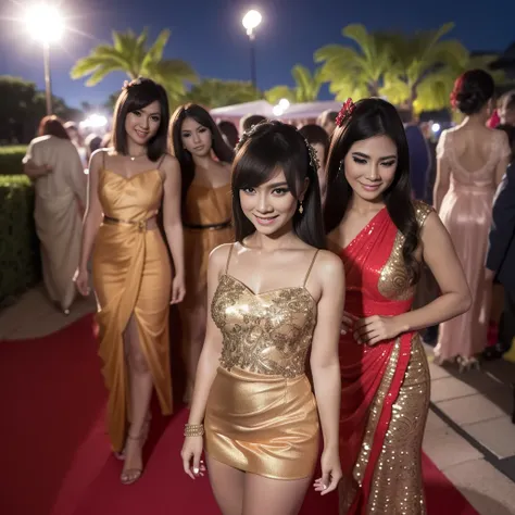 A beautiful Indonesian woman, 2 Indonesian women in transparent mini dress, 2 Indonesian women in mini lingerie dress, smiling, facing the viewer, high heels, bangs hairstyle, red nail polish, earrings, standing at the wedding event outdoor, (best quality,...