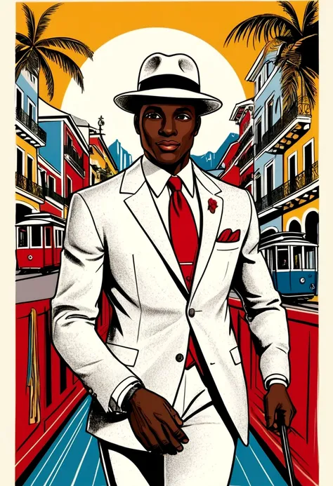 Create a poster image for a retro-themed poster. The art of sketches, pen doodles should have a textured background with pastel colors and a drawing of a black man in a white suit and stylish red tie with a panama hat.  Add retro graphic elements from imag...