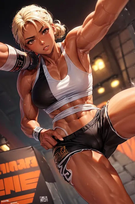 ((1 female, tanned skin, fit build, boxing wrappings, MMA, blonde hair tied up, brown eyes, dominant look, muscular but feminine legs, wearing white tank top and black shorts, 23 years old, high quality, detailed face))