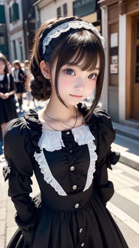 1girl, 12 years old, Famous idol, 1cute girl, very young face, masterpiece, high quality, small face, （very small tits:1.8）Gothic lolita fashion style, dramatic angle:1.4, Stroll around town,half smile:0.5,(torn clothing:1.4)