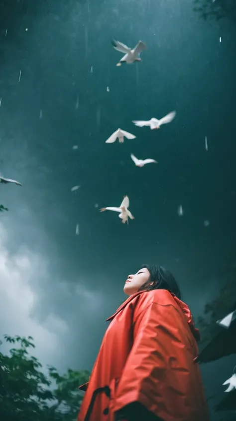 ((crane))、bird、Rainy Sky、1girl,from below