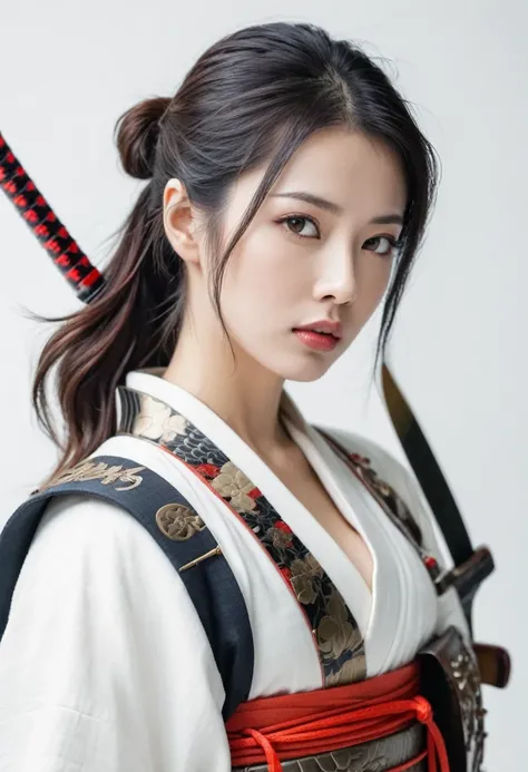 beautiful woman with samurai style with armor white background