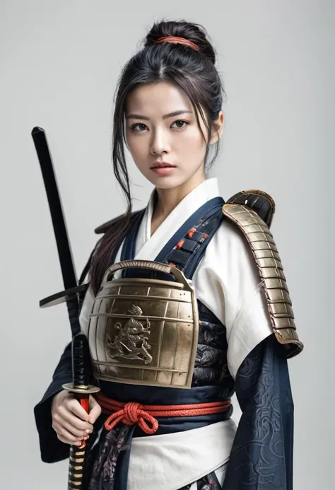 beautiful woman with samurai style with armor white background