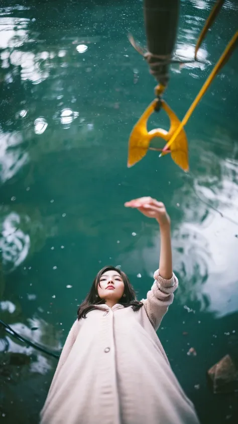 ((crane))、bird、Rainy Sky、1girl,from below