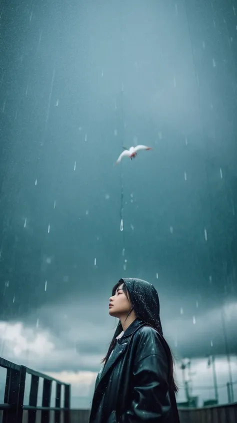 ((crane))、bird、Rainy Sky、1girl,from below