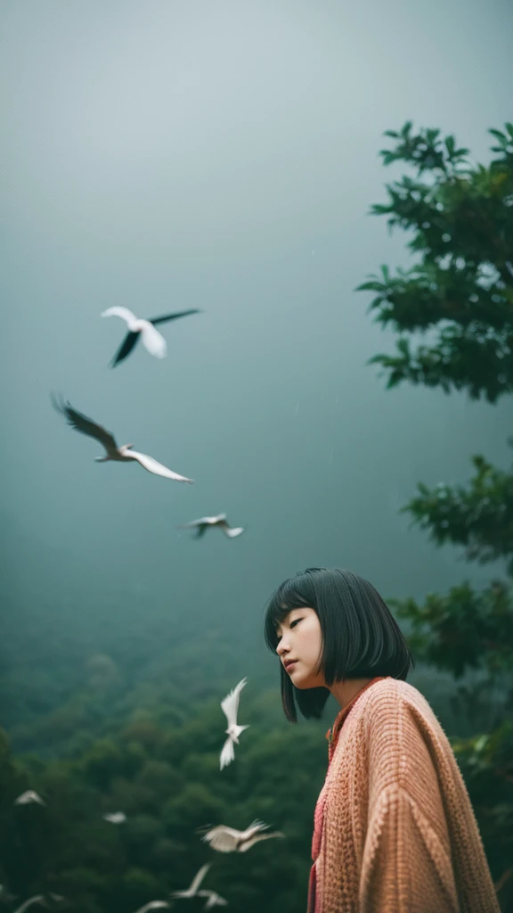 ((crane))、bird、Rainy Sky、1girl,from below