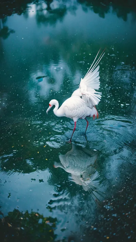 ((crane))、bird、Rainy Sky、1girl,from below