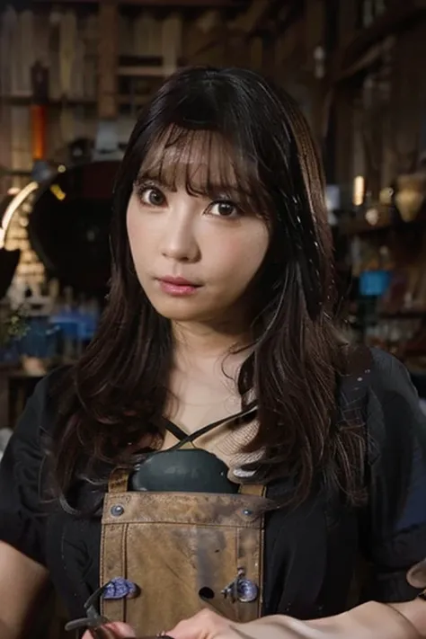 Japanese girl long black hair with bangs big tits, with blacksmith clothes, holding blacksmith tools 