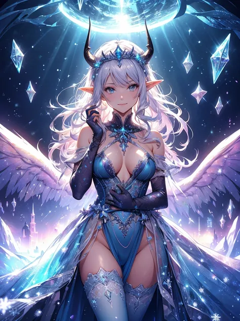 最high quality、Many snowflakes cover the background、最high quality、1 woman elf、Succubus、Stand against a wall(( cowboy shot ))((full body stocking))((see-through body stocking))、Lots of giant snowflakes、Beautiful eyes、tears、Raise your arms behind your head、Be...