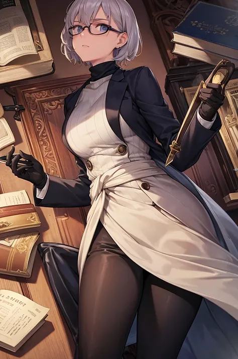 books lying around, cream hair, tall, square glasses, black turtleneck, a beige two-button blazer, dark navy-blue pants, and a pair black gloves, looking at viewer, slightly short hair, female, slim, stern expression, short sword with a metal handle wrappe...