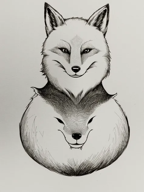 The fox mask is placed next to the head and drawn from head to toe with a white background.