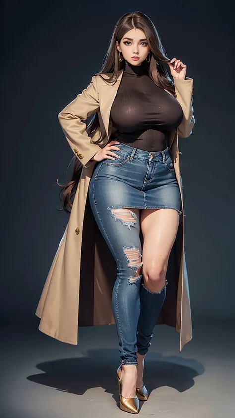 Full body photo of 1 beautiful woman, adult, big body, Voluptuous woman, (very long straight hair),( Brown hair), lined eyelids, makeup eyelids,  coat turtleneck,  scarf, neckline, (blue denim miniskirt),  Tempting , ringing, curvy hourglass figure, oppai ...