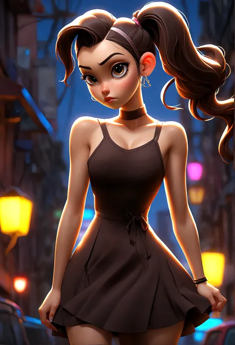 (Best Quality, 1 girl, full body shot, standing, wearing a short dress, changing lighting, neon lights background, city street, Beautiful detailed eyes, dark brown hair, High ponytail)
