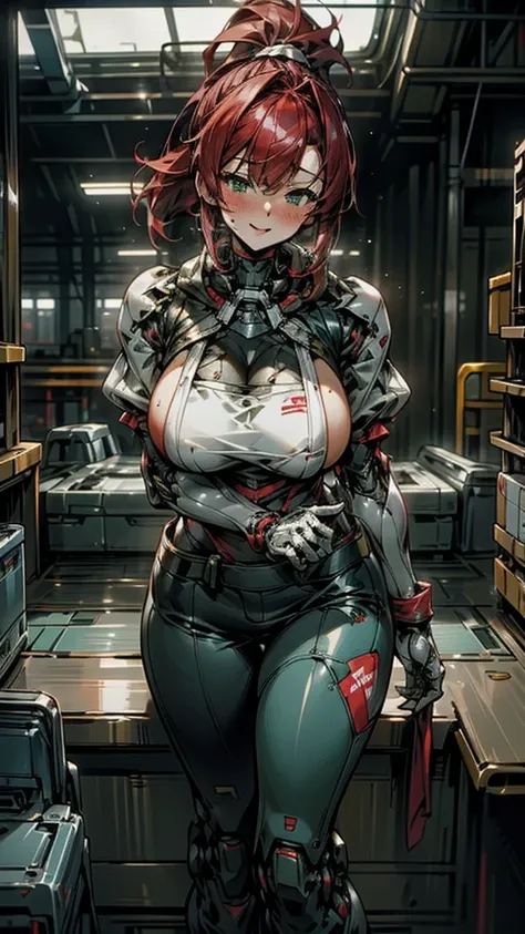 18-year-old girl，Baby Face，Crimson short-haired，ponytail hairstyle，Smile，Huge breasts，cleavage，Sheer red sleeveless top，Leave space in the middle to reveal cleavage，Soaked all over，Blushing，green eyes，Female spy，Red miniskirt，White gloves，White hand sleeve...