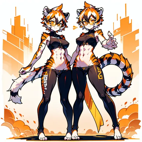 white background, full body, solo, 1girl, Standing, heading up, proud, young girl, animal ears, arknights, white hair, black hair, round eyewear, glasses, OPPEIN, short hair, large breasts, muscle, tail, orange eyes, orange hair, multicolored hair, tiger g...